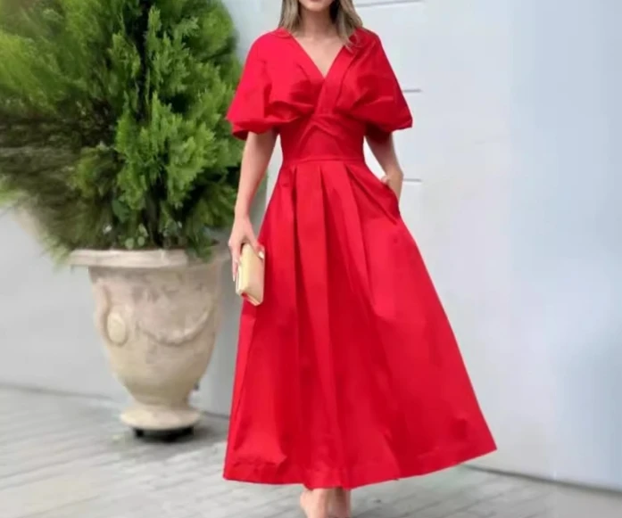 

Women's Dress Elegant Formal Evening Dress Pullover Solid Color V-neck Puff Short Sleeve High Waist Ruched A-line Maxi Dress