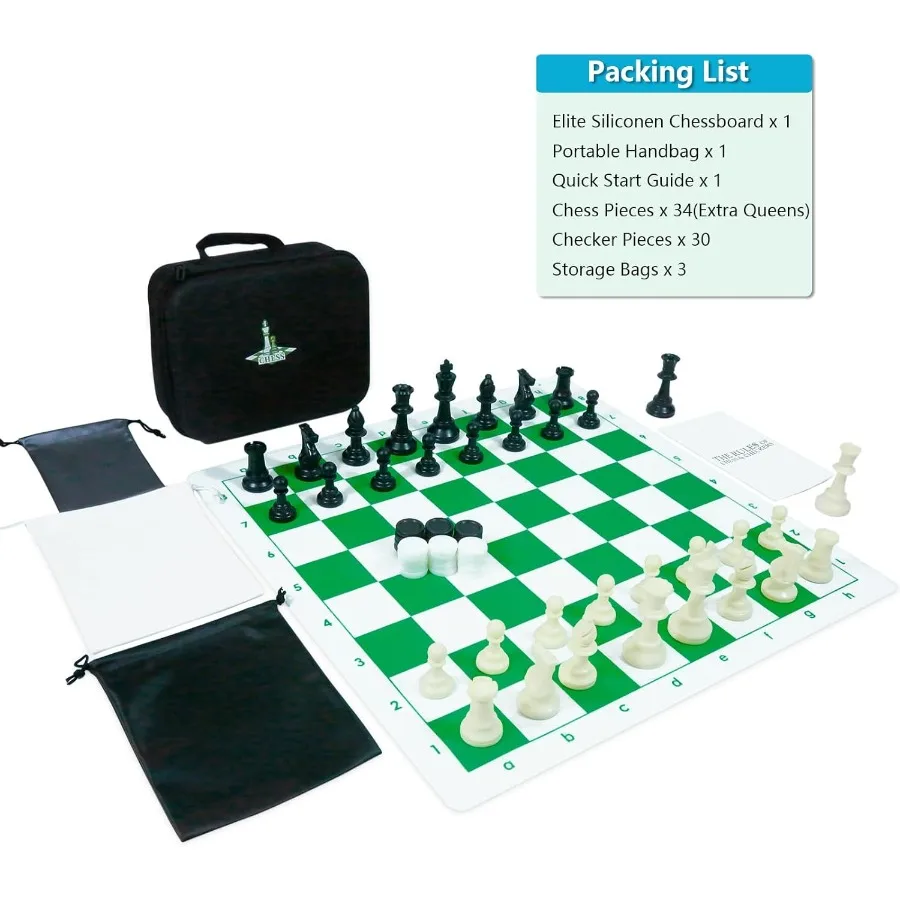 20inch Portable Silicone Chess and Checker Board Game Set with 3.75inch High Plastic Chess Pieces Extra Queens Storage Bag Idea