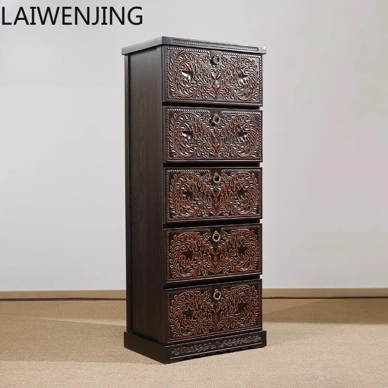 

MJY solid wood carving flower retro five buckets living room locker furniture vertical cabinet