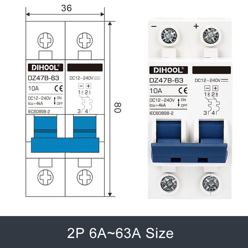 DC Circuit Breaker DC12V 24V 48V 36V 72V MCB For Battery PV Solar Protector DZ47B Positive Negative Switch Isolator