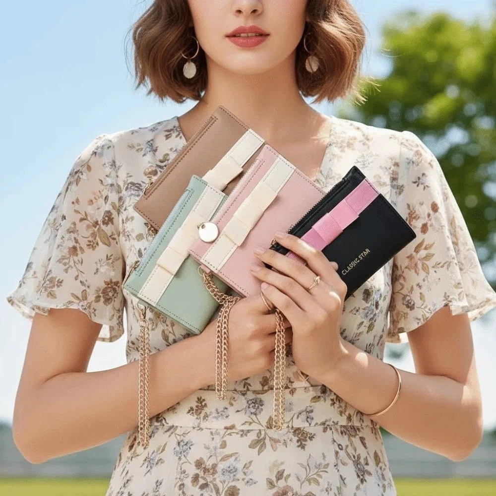 

Portable Candy Color Wallet PVC Multiple Card Short Leather Purse Anti-splash Water Bow Small Pouch Folding Card Bag Work