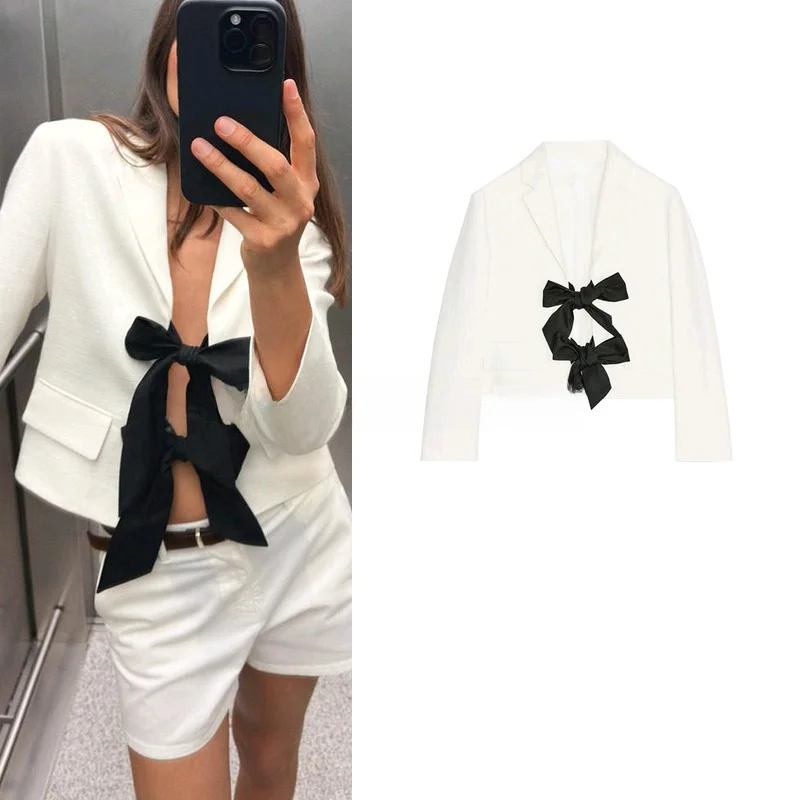 

Summer Women's Long Sve Turn-down Collar Suit Jaet with Bow Tie Color Blo Design Commute Sle Slim Fit ort Length
