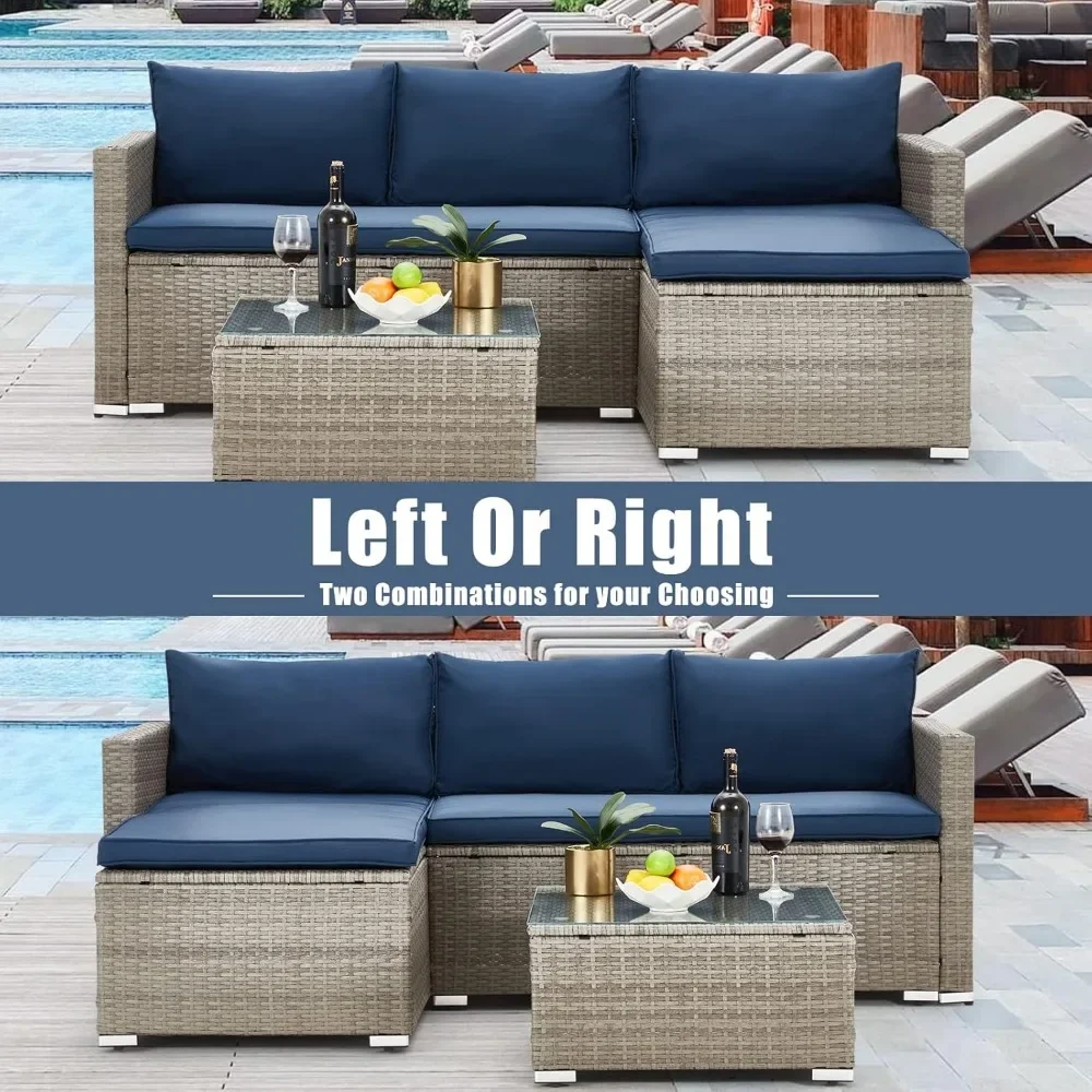 3-Piece All-Weather Patio Set - Wicker Sectional Sofa w/ Tempered Glass Table, Outdoor Conversation Group"​