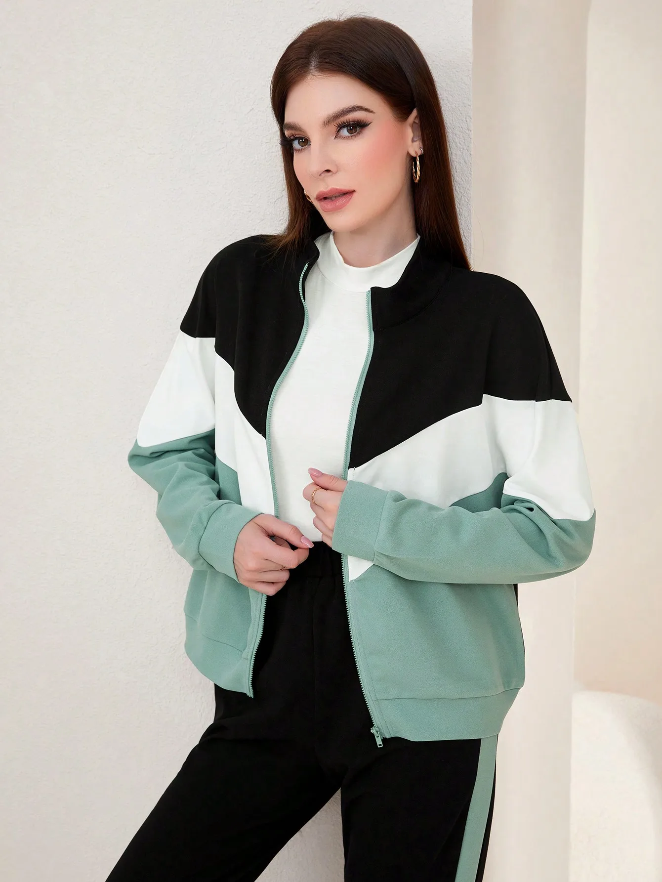 Colorblock Zip-Up Sweatshirt and Joggers Matching Set for Women