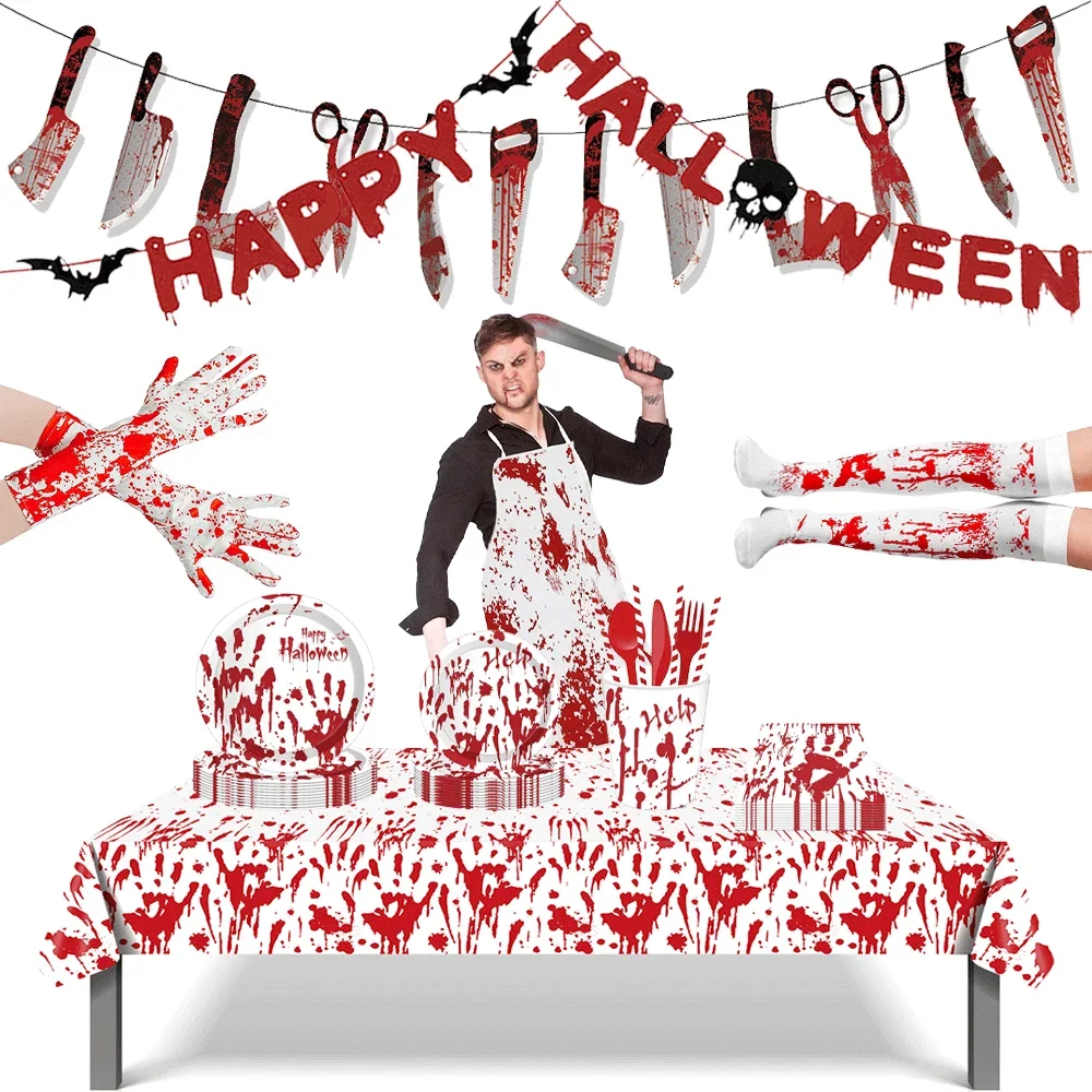 

Halloween Scary Blood Hands Disposable Tableware banner Tablecloth Apron Gloves Socks Horror Halloween Decoration Party Supplies