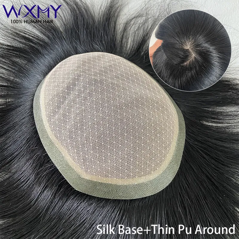 Silk Base & Thin Skin Toupee Men Male Hair Prosthesis 100% Natural Human Hair Men's Wigs Systems Unit Breathable Man Wig Exhuast