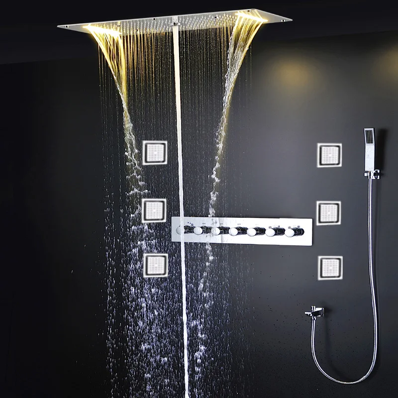2024 High Quality LED Shower System Set Mist Spray  Rain Waterfall Shower Head Panel Thermostatic Mixer Faucet With Lateral Jets