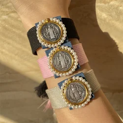 Ins Fashion Handmade Woven Fabric Tape Bracelet For Women Geometric San Benito Tassel Pulseira Feminino
