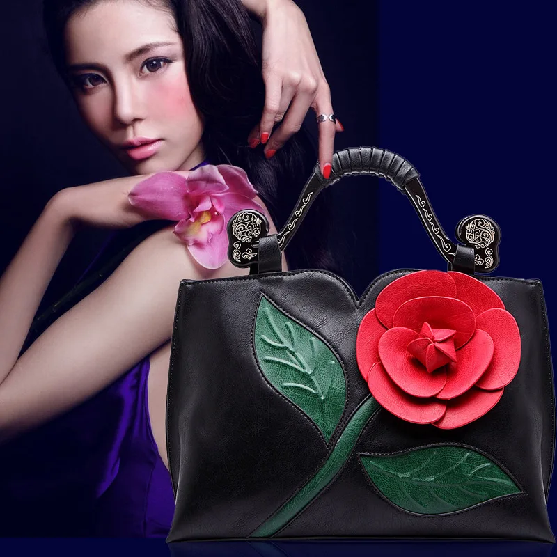 2024 Women New Fashion Big Flowers Retro Ladys Tote Bags  Handbags ShoulderBag Dress Party Club Bag with Temperament Handle