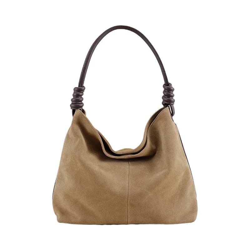 New 2025 Winter Matte Kakhi Color Women Tote Soft Thick Cow Suede Leather Female Shoulder Bag Large Round Rope Handle Handbag