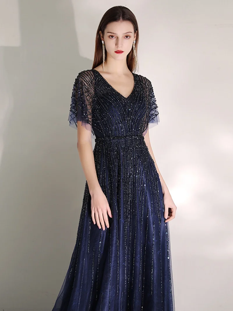 Vestidos de Noche con cuentas brillantes personalizados, mangas cortas, largo hasta el suelo, corte en A, vestido de celebridad, fiesta de graduación Formal larga