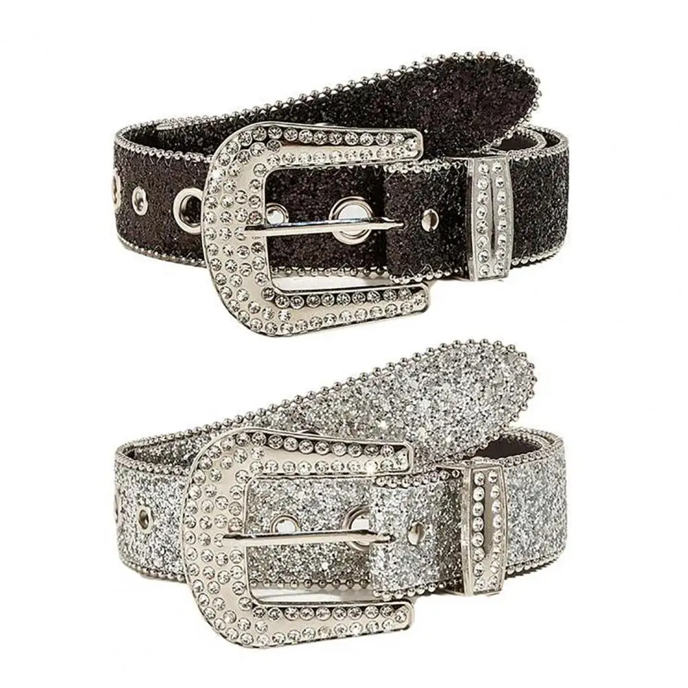 Adjustable Multi Holes Buckle Closure Women Belt Faux Leather Strap Rhinestone Sequins Belt Clothes Ornament Lady Waistband