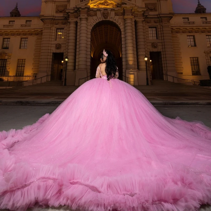 Pink Princess Sweet 16 Quinceanera Dresses Long sleeves Beading Appliques Lace Tull Party Birthday Vestido De 15 Anos Ball Gown