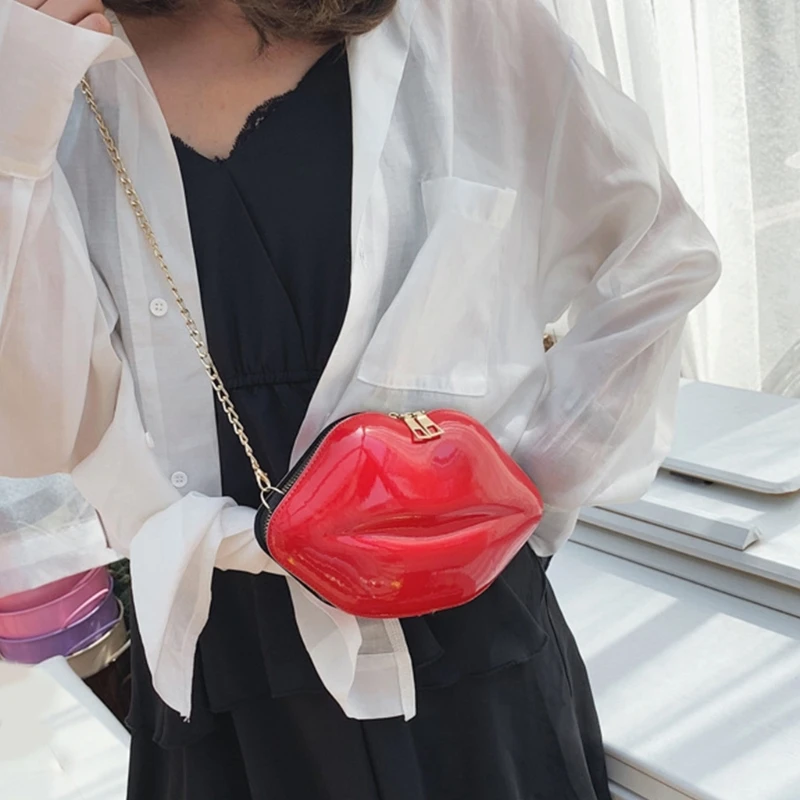 Lipvormige schoudertas met ketting Plastic snoepkleurige crossbody portemonnee muntzakje