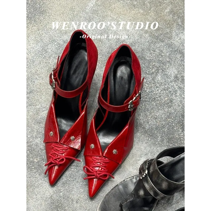 Vintage Wedge Heel Pumps Women Pointed Toe Lace-up Mary Jane Shoes Ankle Strap High Heel Party Dress Footwear
