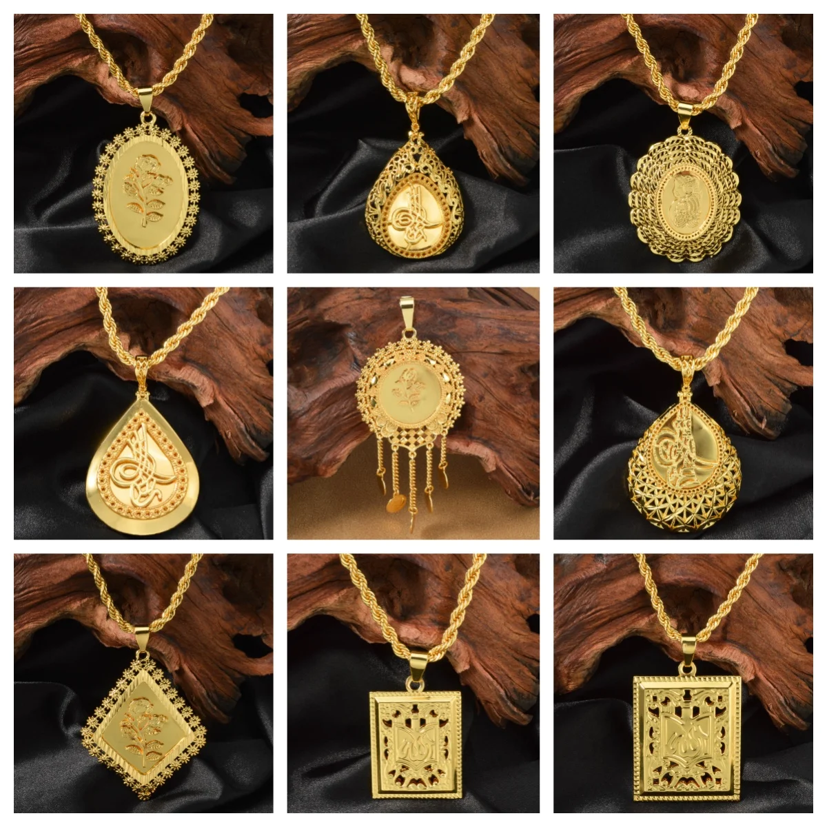 Middle East Islamic Jewelry Arabic Calligraphy Pendant Necklace Muslim Gold Color Charm Jewelry For Women Men Anniversary