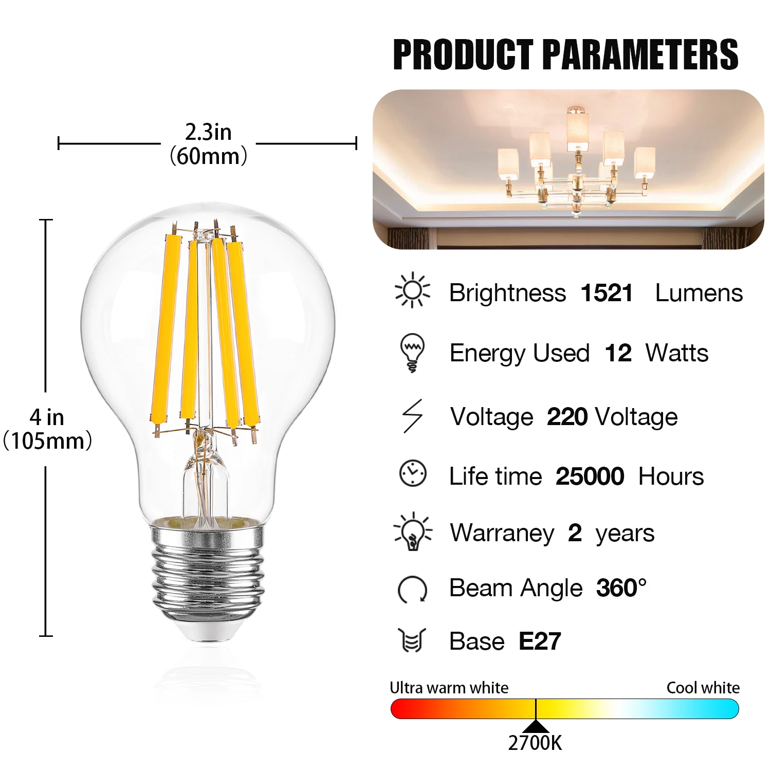 Hcnew A19 E27 Edison LED Bulbs 12W 1521Lumen Dimmable Filament Lamp Replacement for 100W Incandescent Bulb 2700K Warm white