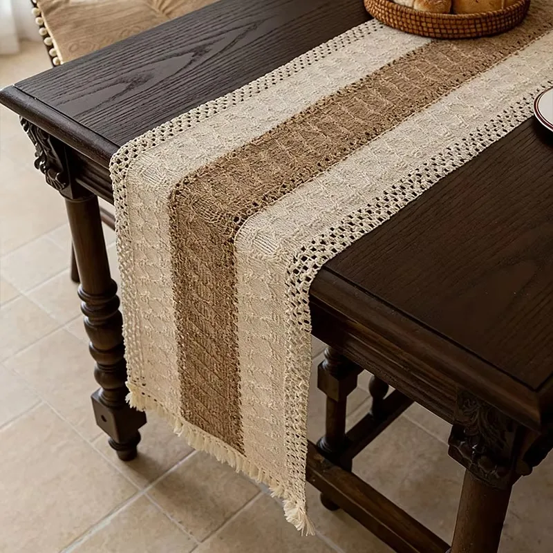 Farmhouse Cotton Linen Table Runner, Tasseled Rustic Decor for Coffee & Tea Table