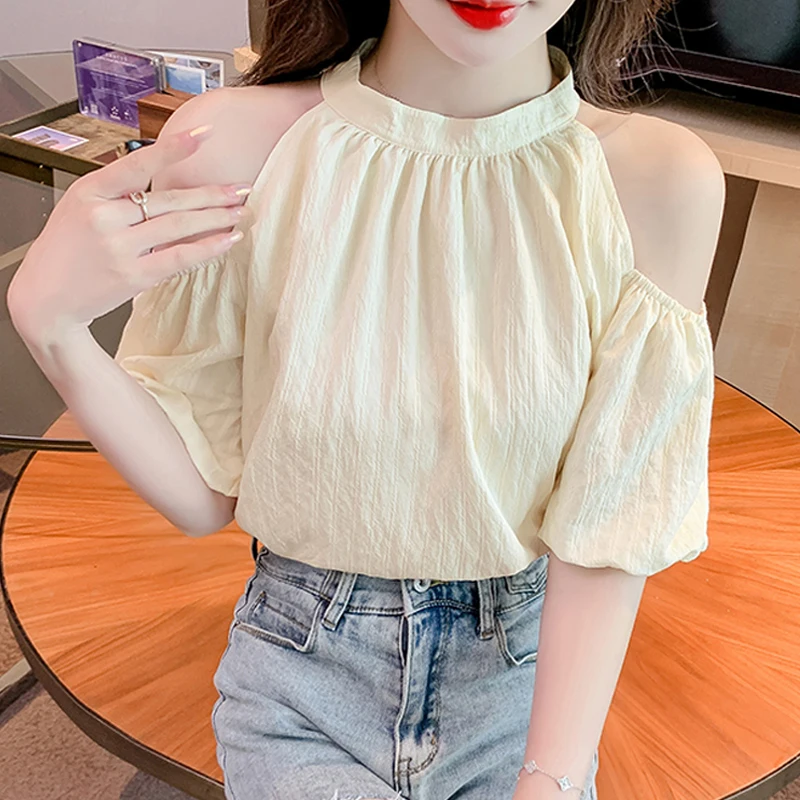 

Summer Off-the-shoulder Elegant Blouse Women 2023 Puff Short Sleeve Tops Ladies Stand Collar Loose Casual Lace Up Shirt 27359