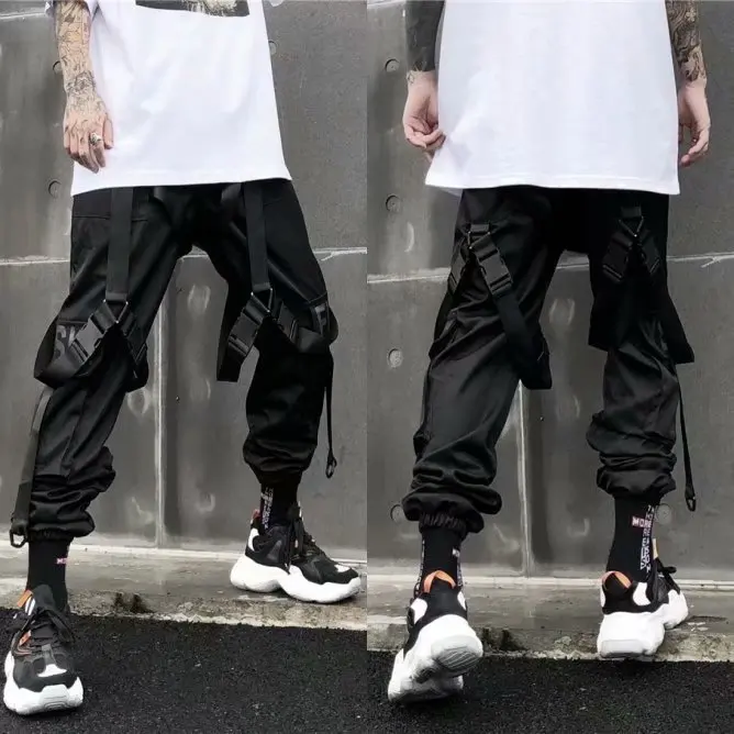 Klasik Streetwear Hip Hop JOGGER pria huruf pita kargo celana saku melacak Taktis kasual pria celana Sweatpant K102