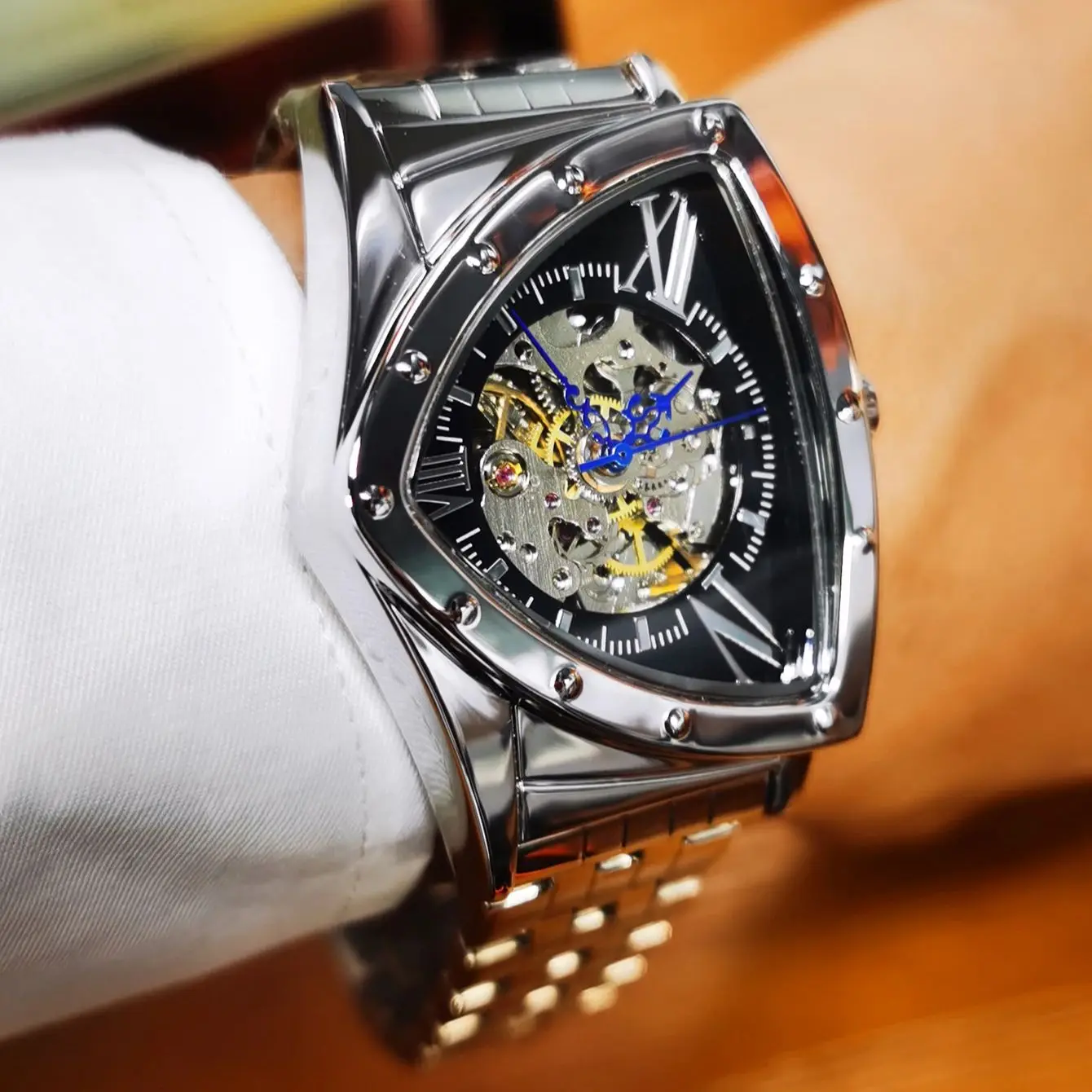 WINNER Military Triangle Automatic Watch for Men Luxury Gold Skeleton Mechanical Watches Stainless Steel Strap Sports Wristwatch