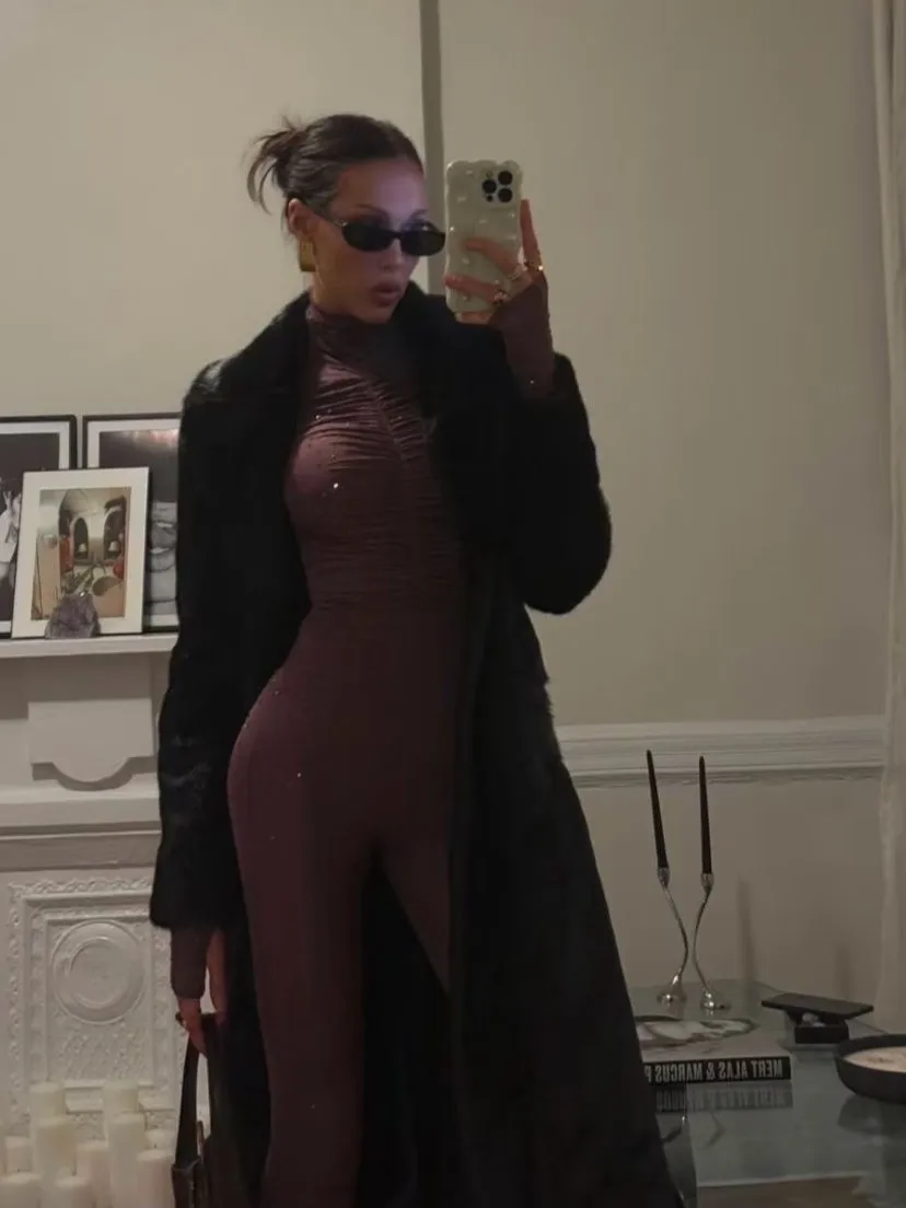 

Тяжелый женский тонкий комбинезон со стразами, плиссированный модный женский комбинезон с высокой горловиной и длинными рукавами и высокой талией