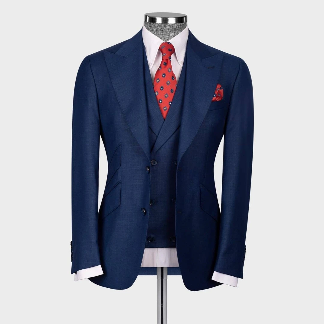 Elegant Peaked lapel Navy Blue Full Men's Suits for Groom Prom Party 3pcs Blazer Vest Pants Formal Business Office Male Suit