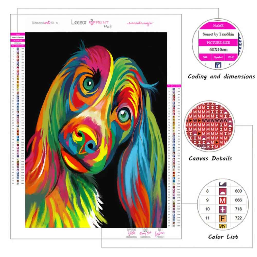 5D DIY Diamond Painting Colorful Wild Animal Cute Dog Cross Stitch Kit Full Diamond Embroidery Mosaic Art Home Decoration Gifts