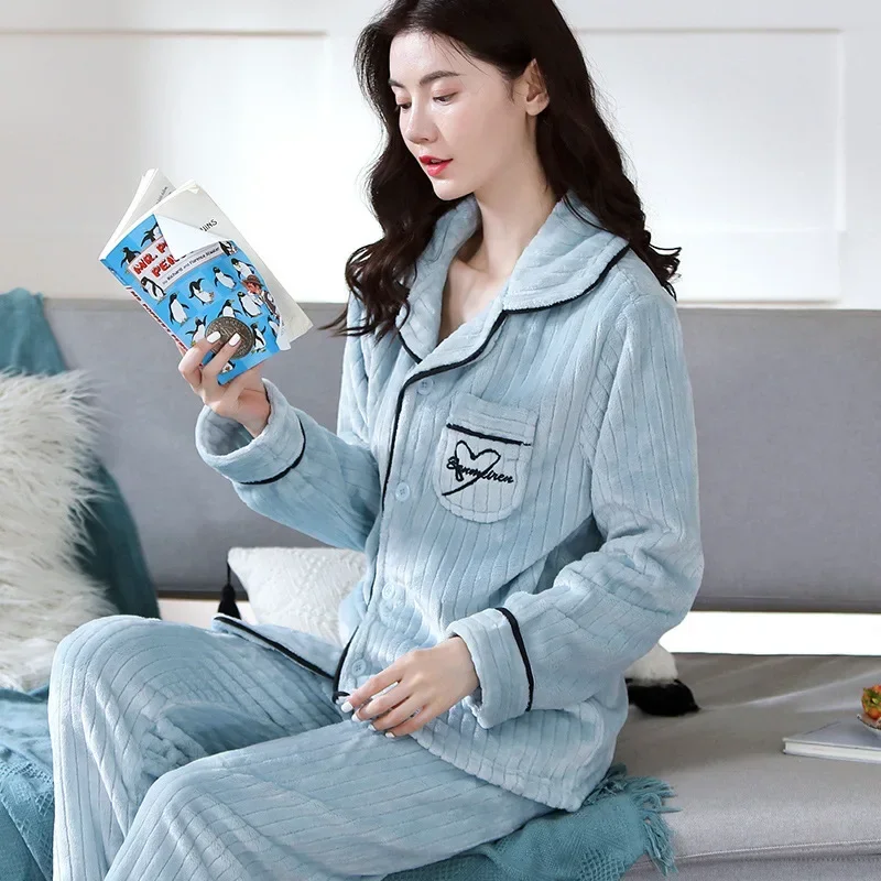 2026 Ladies Winter Sleepwear Warm Thickened Soft Flannel Pajama Sets Lapel Neck Button Pajamas Long Pants Casual Loose Homewear