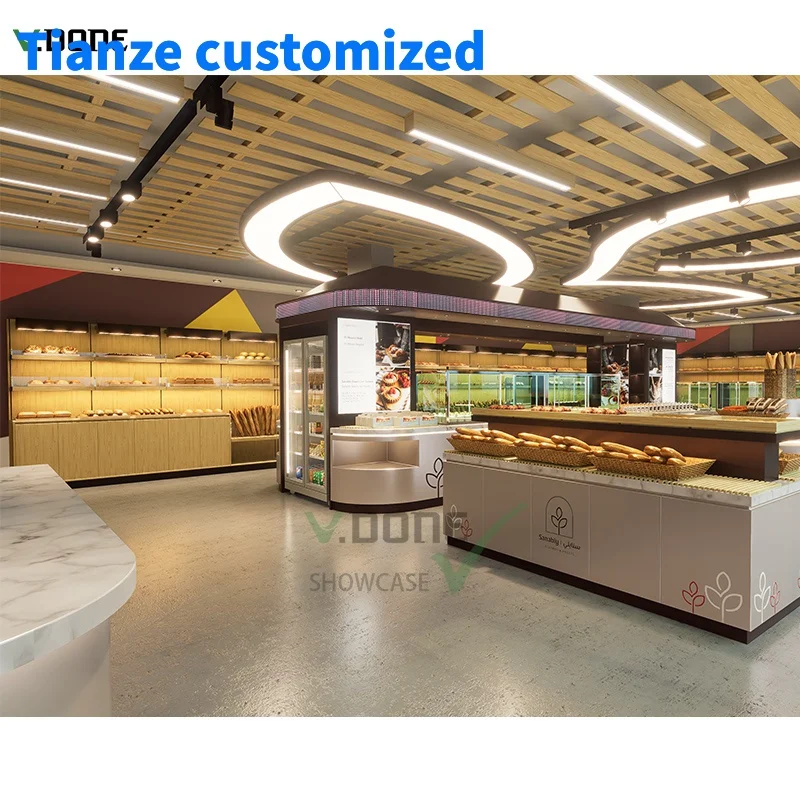 [Customized]Modern bakery coffee shop interior design solid marble reception desk wooden display cabinets store furniture cafe c