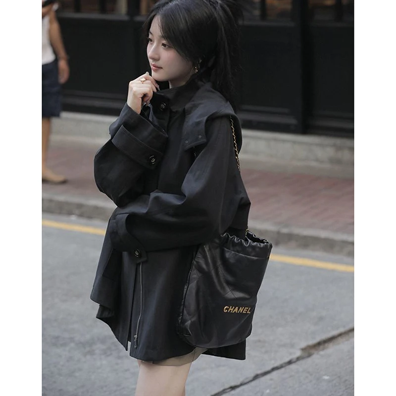 Spring Autumn Cape Trench Coat Hooded Zipper Windbreaker Loose Casual Windproof Jacket Overcoat 2025 New Female Coats Outwear