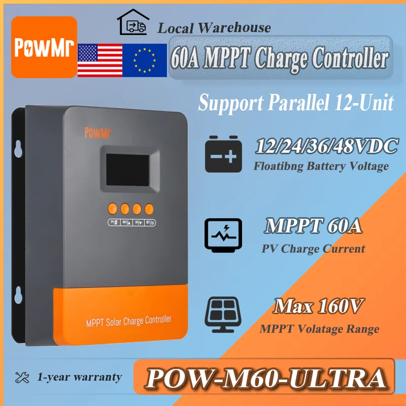 

Контроллер заряда солнечной энергии PowMr 60A MPPT PV160V Авто 12 В 24 В 36 В 48 В Поддержка до 12 параллельных соединений для домашней солнечной системы