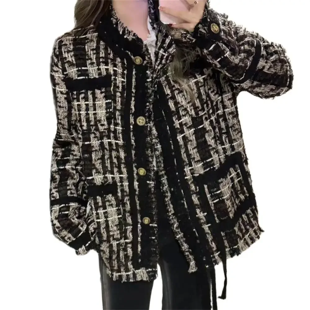 

Pop Vintage Weave Tassels Chic Tweed Jackets Women Winter Coat High Streetwear O-Neck Full Sleeve Loose Outwear Female Tassel To