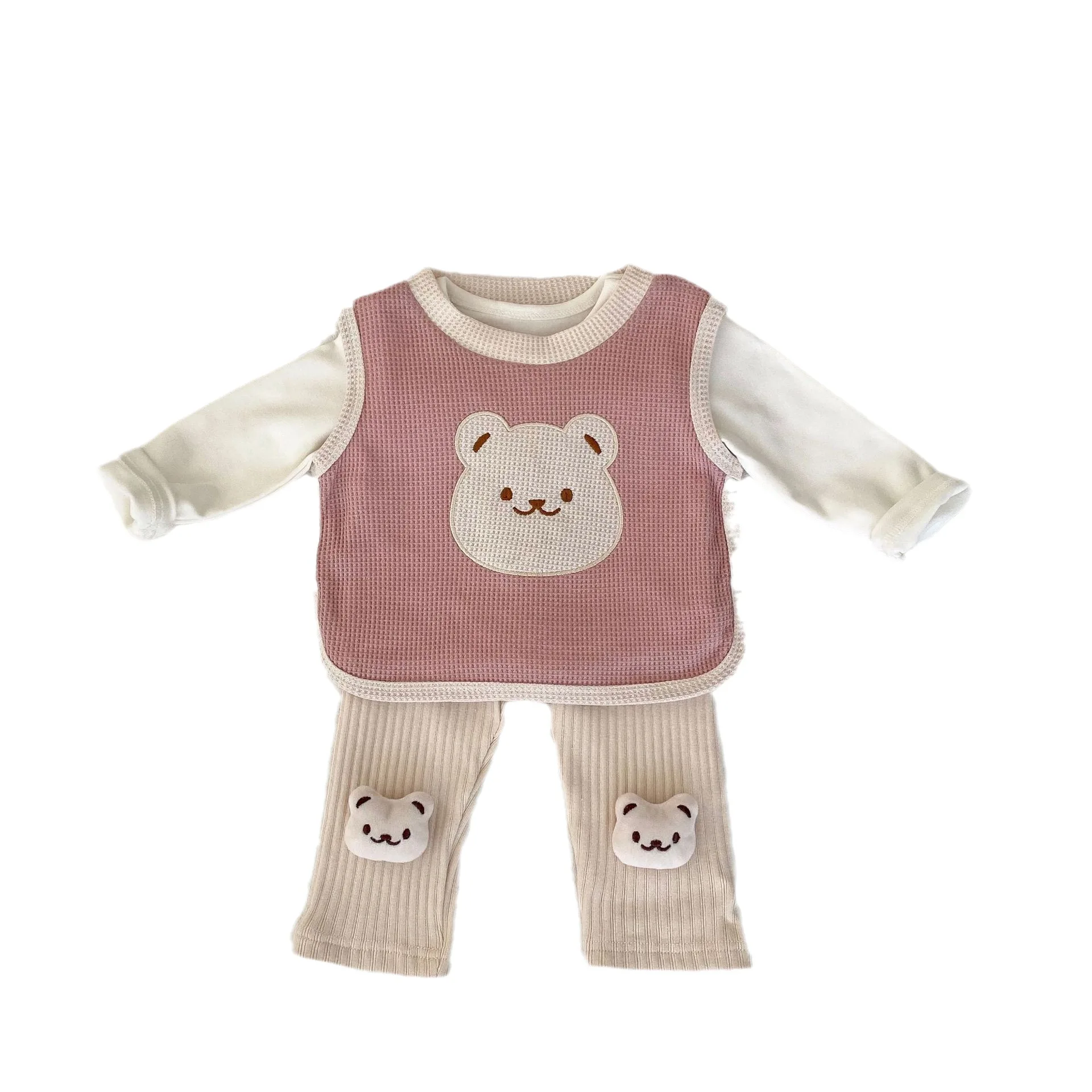 2024 Autumn Baby Girls 3PCS Clothes Set Cotton Long Sleeve Tops Versatile Bear Vest Ribbed Pants Suit Toddler Girls Outfits