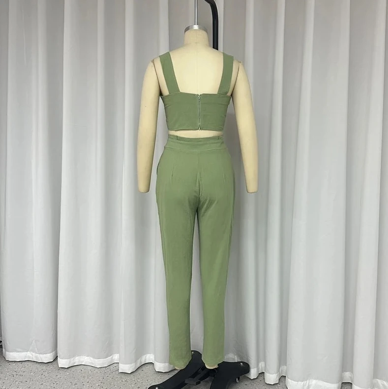 2 Pieces Summer Sexy Strap Sleeveless Solid Color Halter Crop Top High-Waisted Single Breasted Pocket Trousers Two-Piece Set