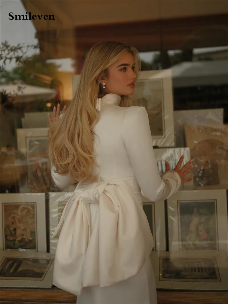 Smileven فساتين زفاف إسلامية بأكمام طويلة من الساتان ورقبة عالية فستان العروس فيستدو دي نوفيا بدون أكمام بفيونكة فساتين زفاف مخصصة