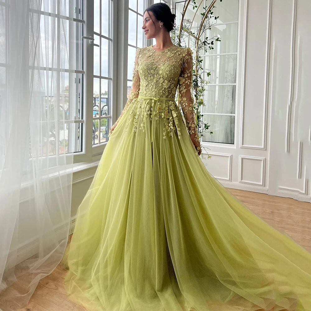 Olive Green Evening Dress Customized Round Neck Long Sleeves Beading Flower Lace Robe De Soiree Prom Dresses Party Gown