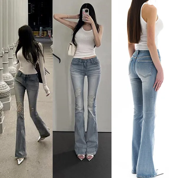 

Женские джинсы Slim Fit в корейском ретро-стиле с асимметричными прорезями, светлые, эластичные, слегка расклешенные, из хлопкового стрейч-денима