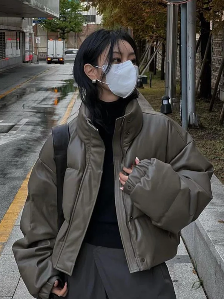 

American Style Thickened Loose Short PU Leather Surface Cotton Coat Women Winter New Style Dark Series Small Size Bread Coat ...