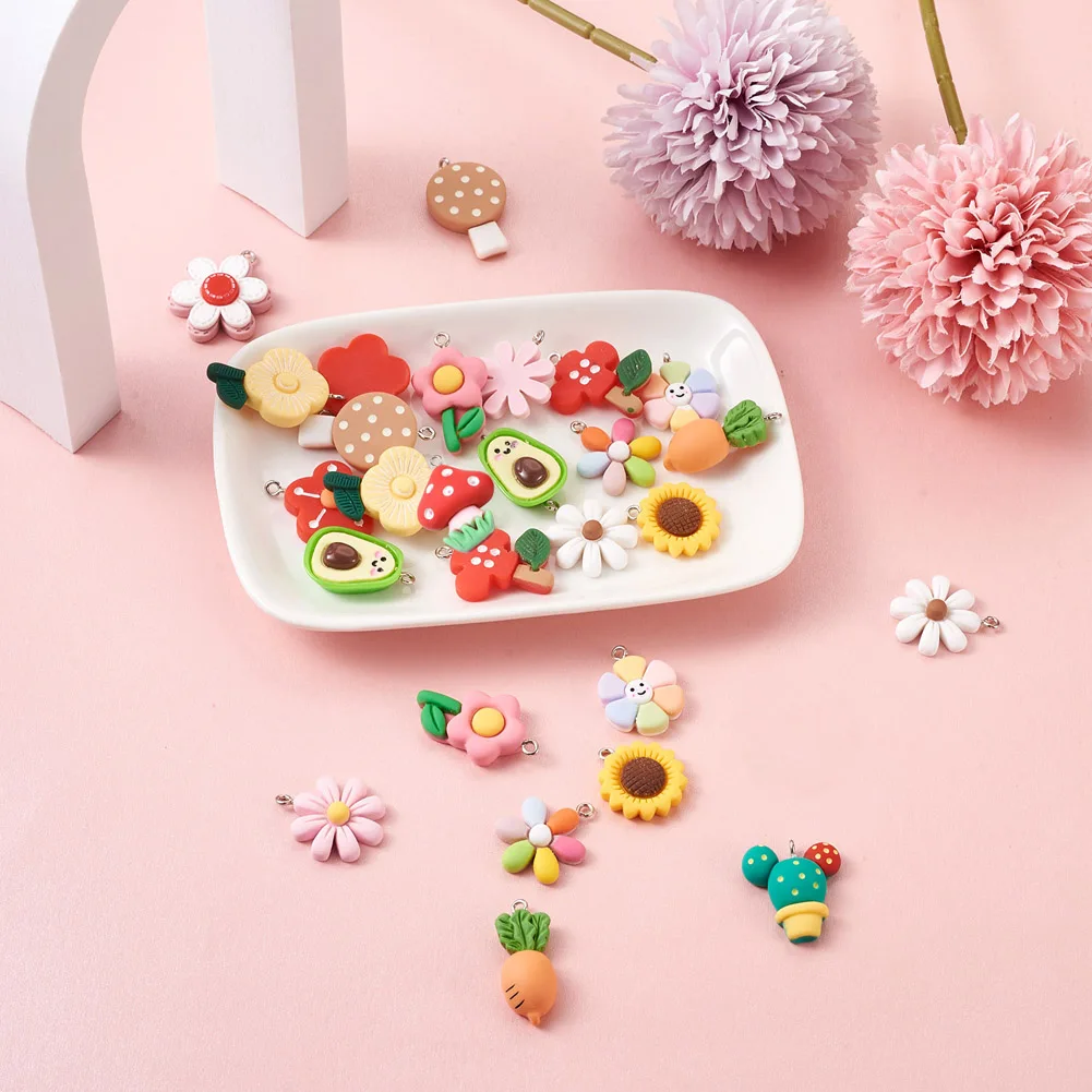 32Pcs 16 Styles Resin Pendants with Platinum Iron Finding Flower Cactus Sunflower Mushroom Carrot