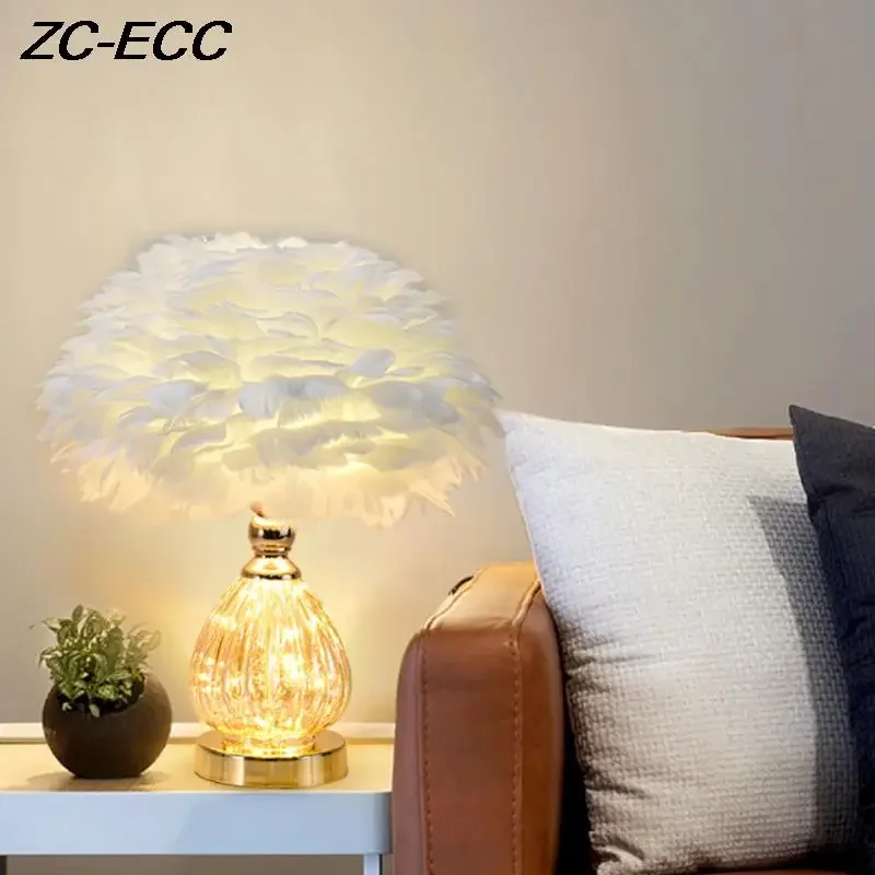 

New Nordic Living Room Feather Table Light Bedroom Bedside Table Lamp Indoor Creative White Pink Feather Deco Desk Lamp Fixtures