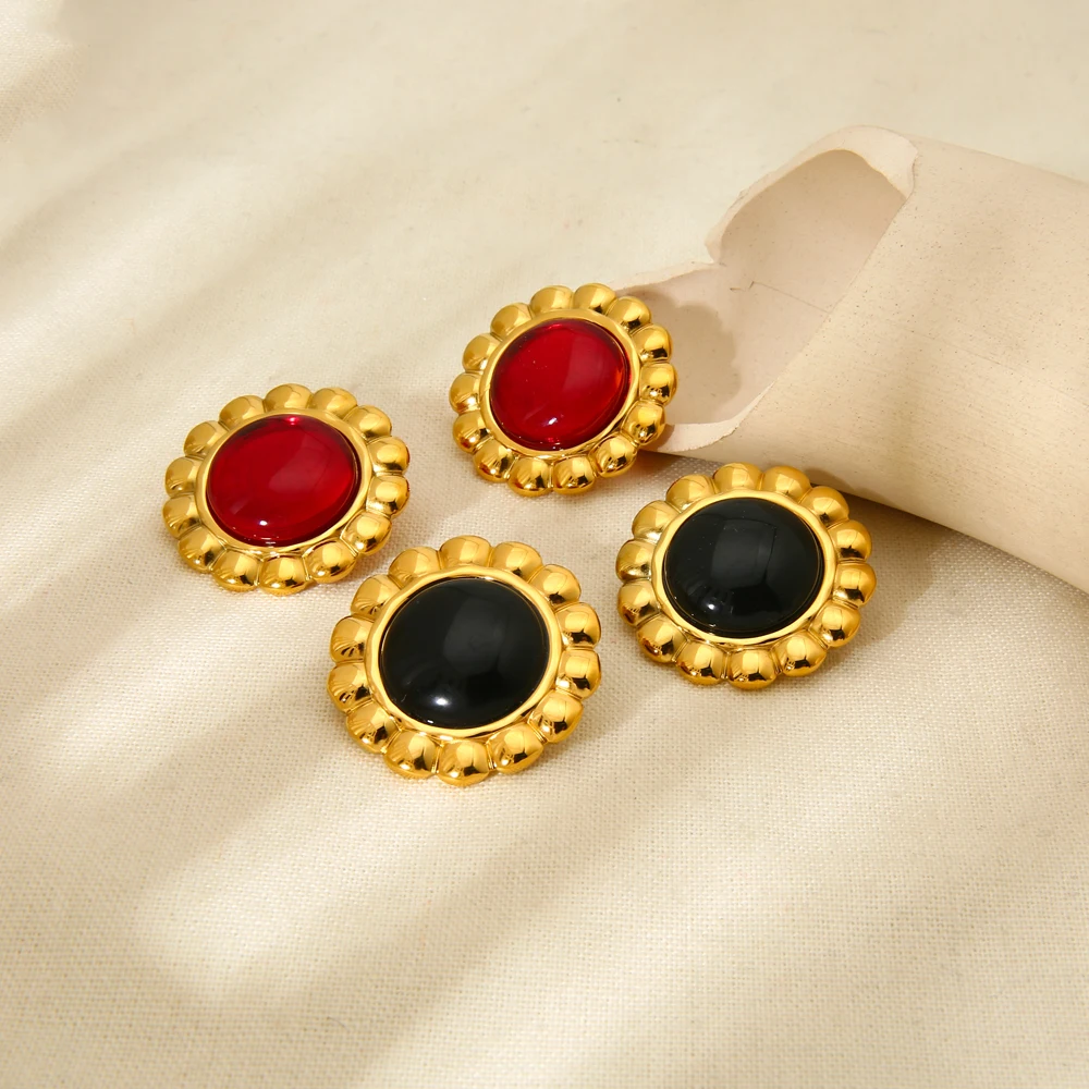 

18K Gold Plated Stainless Steel Round Flower Edge Earrings Red Green Glass Stone Earrings for Women Jewelry Fashion Retro Gift