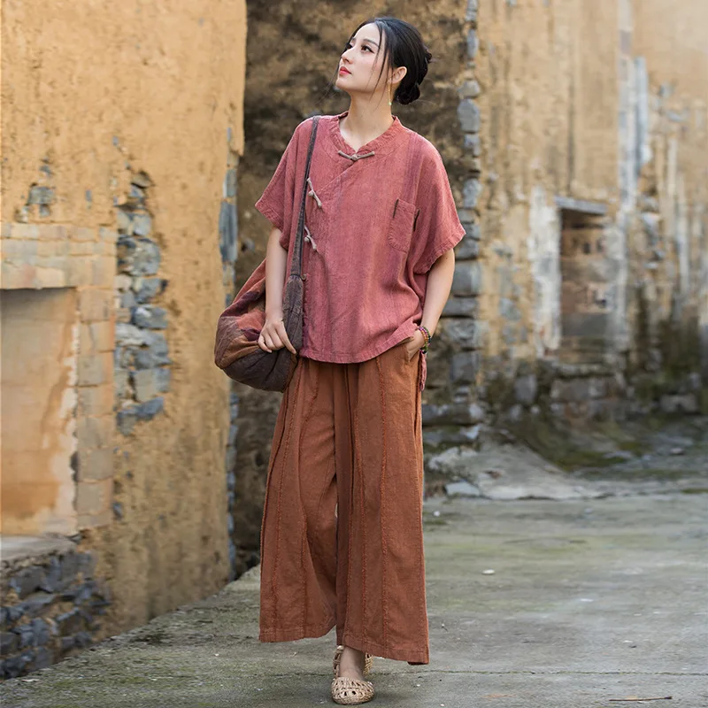Autumn Linen Blouse: Tie-Dye, Hand-Stitched, Diagonal Placket & Frog Buttons, Designer New Chinese Style.