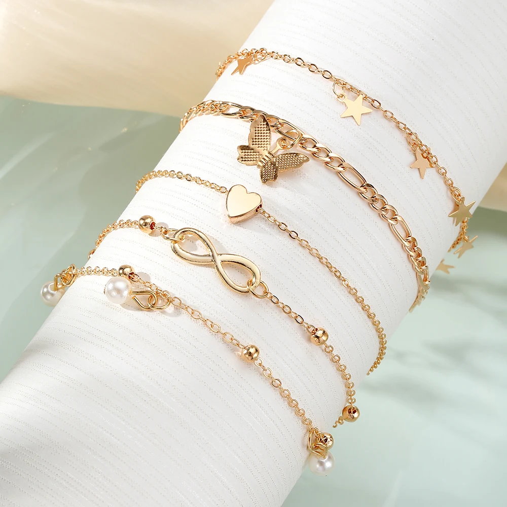 IPARAM Exquisite Metal Butterfly Star Heart Pendant Anklets Set Bohemia Vintage Pearl Pendant Foot Bracelet Beach Woman Jewelry image 5
