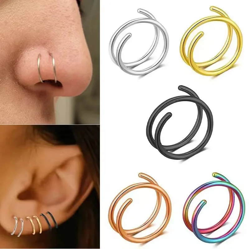 1pcs Stainless Steel Double Nose Rings Spiral Hoop Septum Piercing Kit Ear Tragus Earrings Lip Body Fashion Jewelry for Women