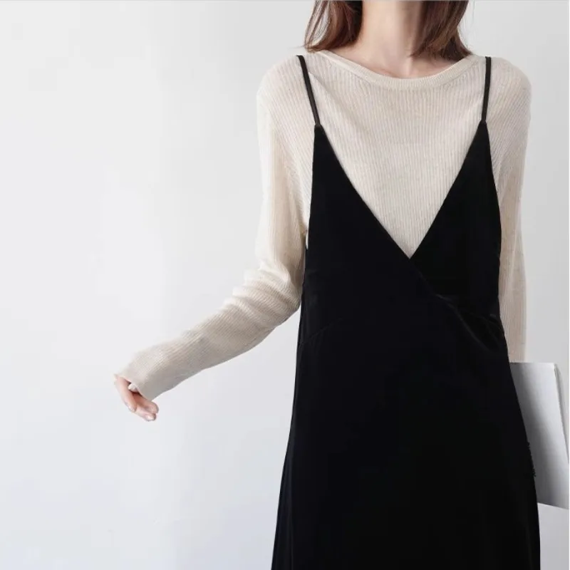 Suspended Velvet Dress For Women 2023 Autumn/Winter New Design Sense Large V-Neck Elegant And Unique Slim Fit Mid Length Small B