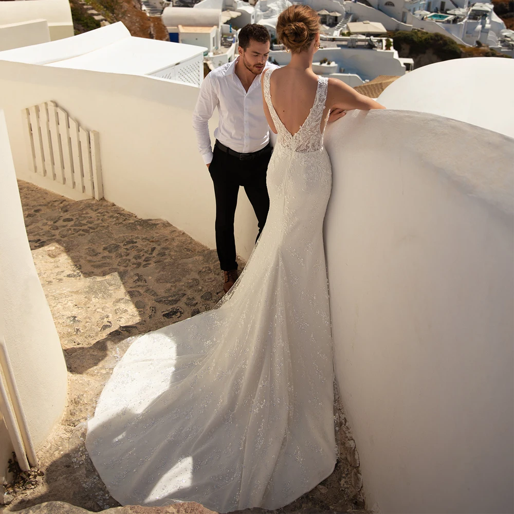 Sparking-Vestidos De Novia con cuello en V, apliques florales, cuentas De encaje, lentejuelas, crecidos nupciales, ilusión en V, tul, sirena