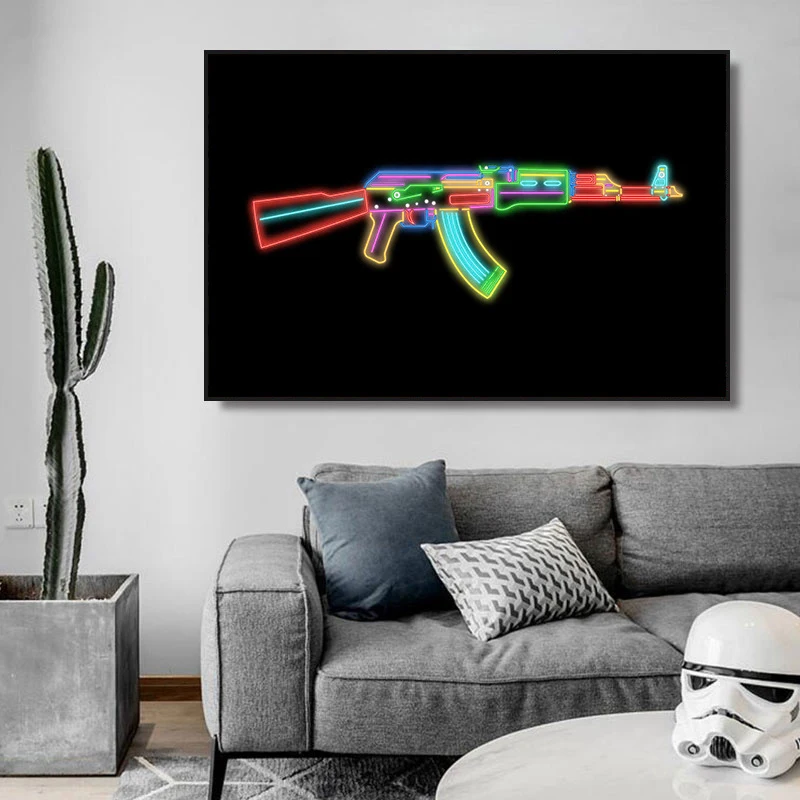 Ak47 Neon Effect Poster Print Abstract Colorful Gun AK Assault Rifle Canvas Painting Wall Art Picture for Living Room Home Decor