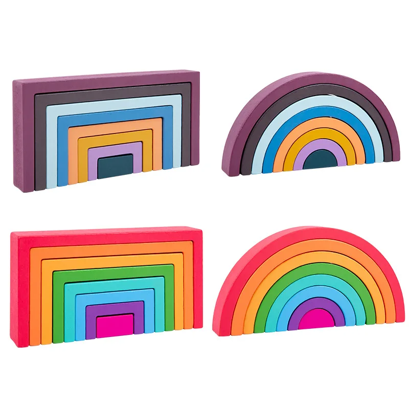 Montessori Wooden Rainbow Stacking Game,Eight Layers Square/Arch Colorful Stacker,Color Recognition Building Blocks Toys