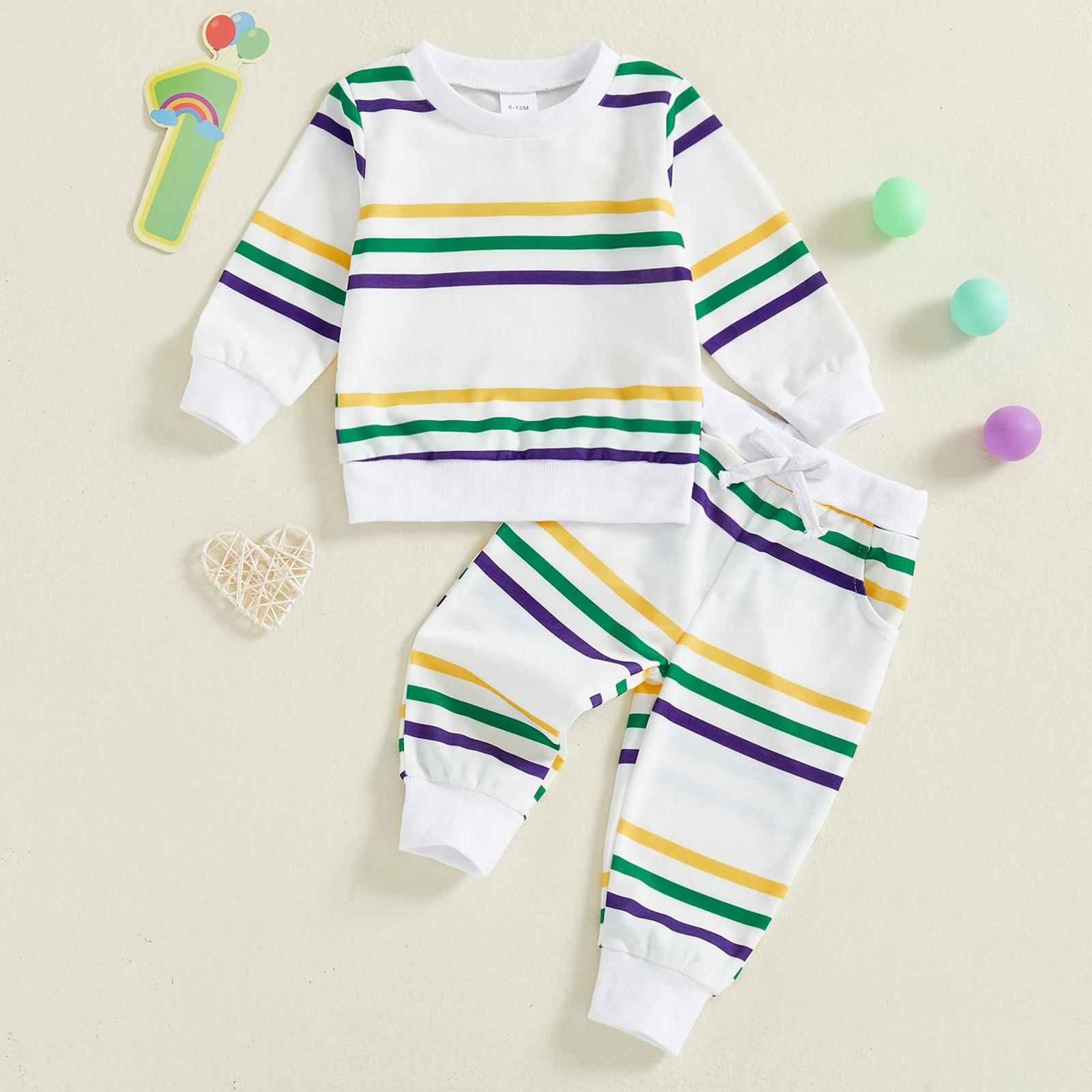 

Toddler Baby Mardi Gras Outfit Contrast Striped Long Sleeve Sweatshirt Joggers 2 Piece Boys Set Carnival Costume
